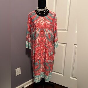 Tracy Negoshian Coral and Aqua Paisley Midi Dress Lightweight XL